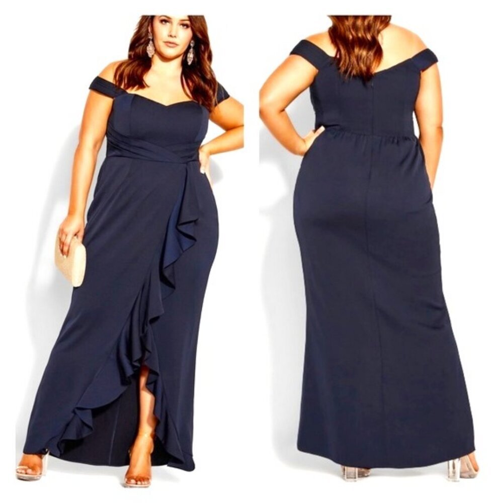 NWT CITY CHIC Hypnotize Off the Shoulders Maxi Dress Dark Navy 16